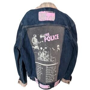 Old Navy Upcycled Denim Jacket W/The Police Graphic & Flannel Accents Size L